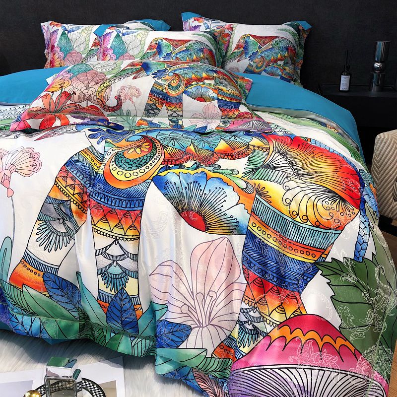 Premium Peacock Boho Digital Printing Smooth Soft Silky Duvet Cover Set, Polyester 600TC Bedding Set