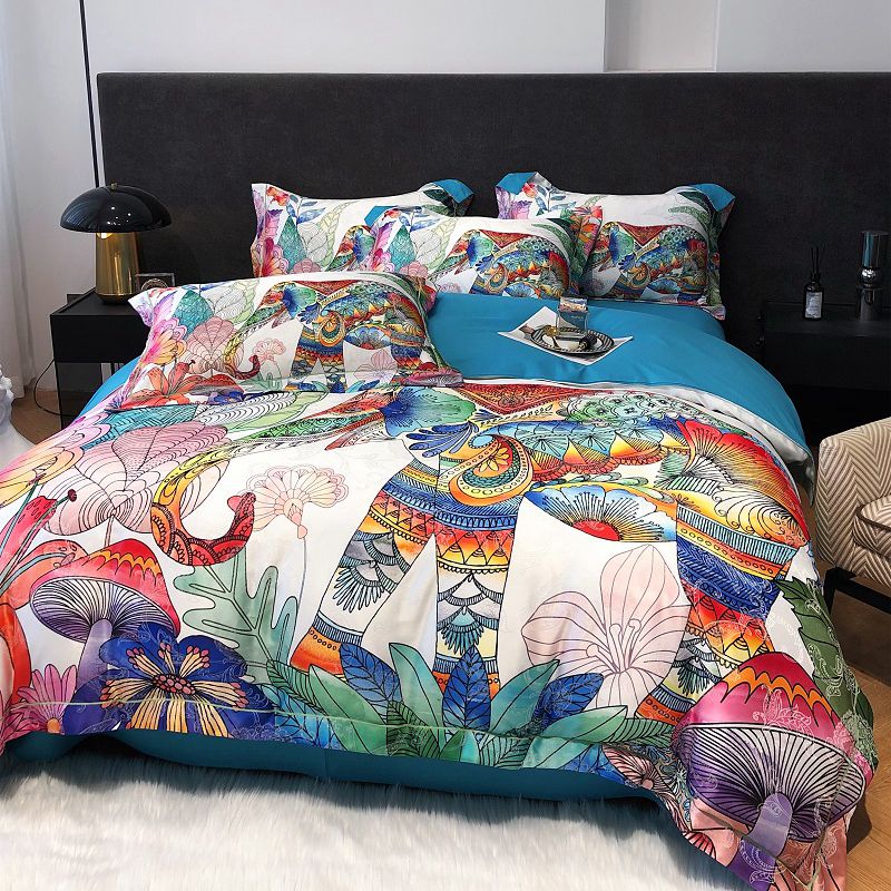 Premium Peacock Boho Digital Printing Smooth Soft Silky Duvet Cover Set, Polyester 600TC Bedding Set