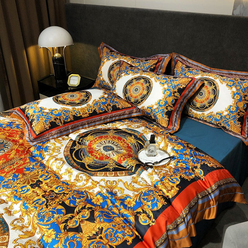 Premium Gold European Baroque Jacquard Boho Duvet Cover Set, Rayon 600TC Bedding Set