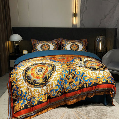 Premium Gold European Baroque Jacquard Boho Duvet Cover Set, Rayon 600TC Bedding Set