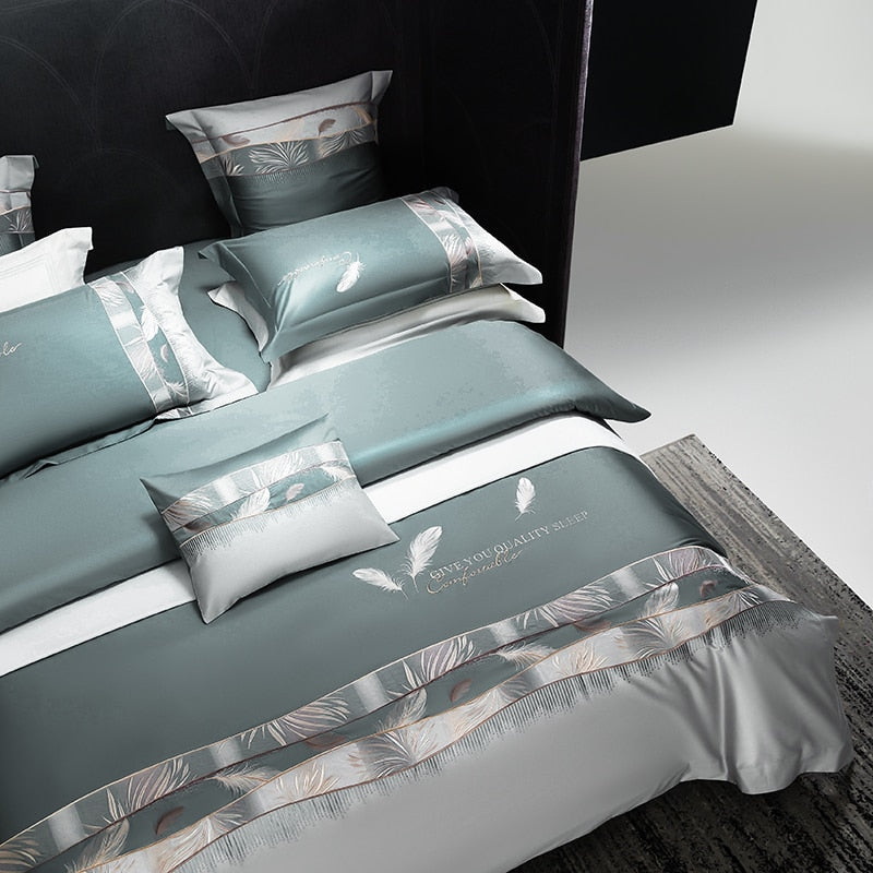 Luxury Grey Green Feather Embroidered Duvet Cover Set, 1000TC Egyptian Cotton Bedding Set