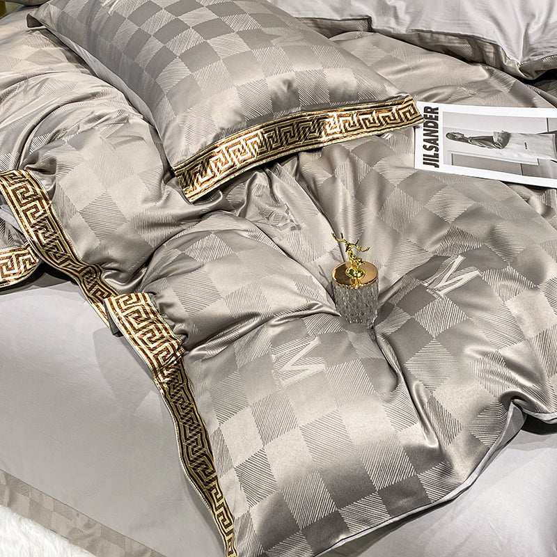 Luxury Satin American Style Checkered Chic Gold Edge Duvet Cover Set, Silk Jacquard Cotton Bedding Set
