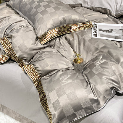 Luxury Satin American Style Checkered Chic Gold Edge Duvet Cover Set, Silk Jacquard Cotton Bedding Set