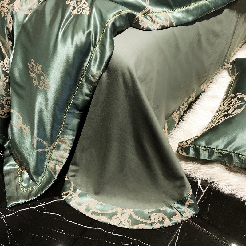 Green Purple Satin Silk Jacquard Baroque Duvet Cover Set, Cotton Bedding Set