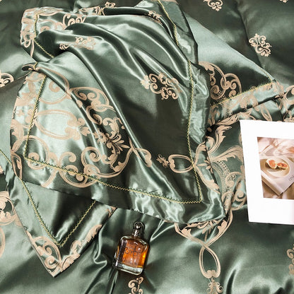 Green Purple Satin Silk Jacquard Baroque Duvet Cover Set, Cotton Bedding Set