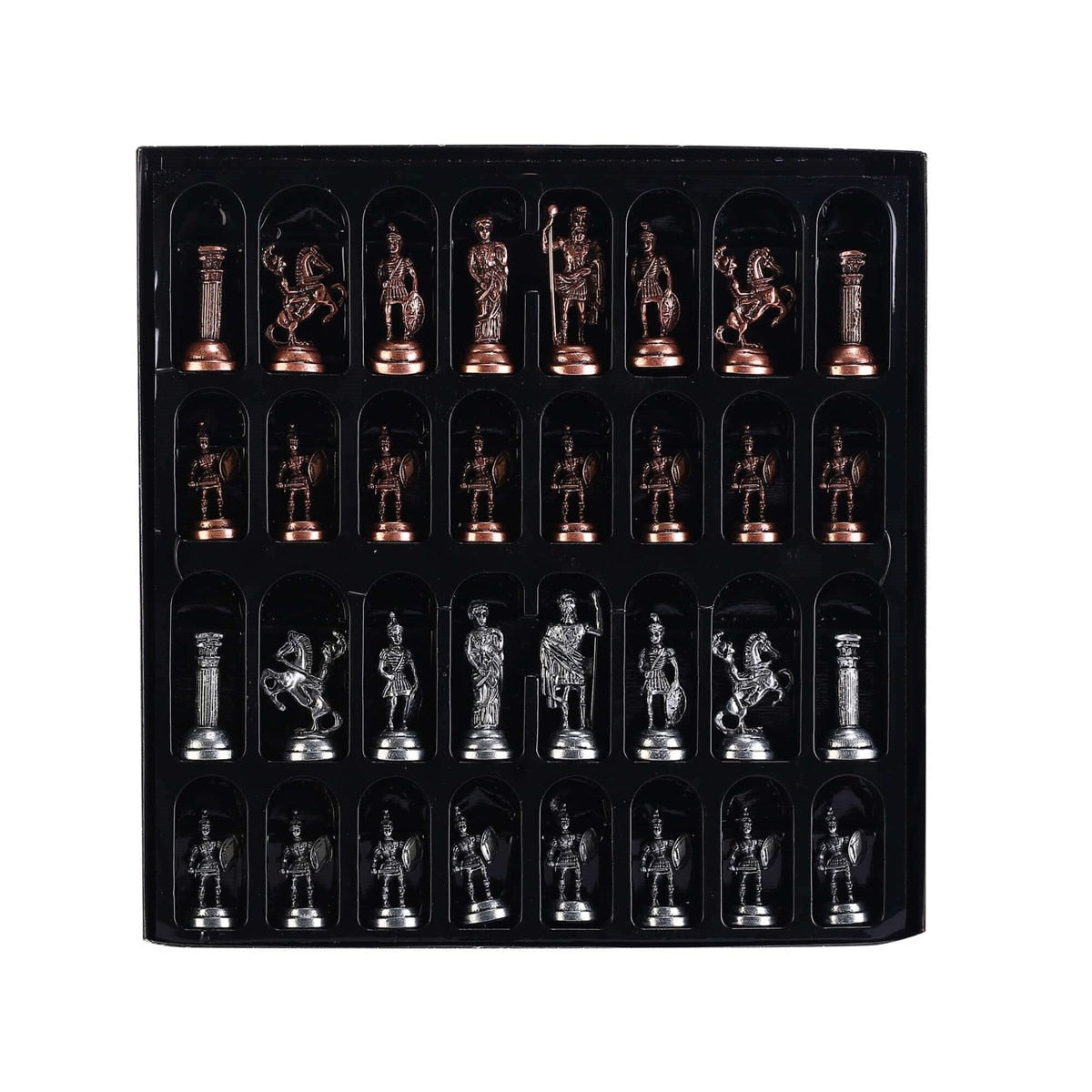 Historical Antique Copper and Metal Rome Figures Chess Set, Handmade Walnut Wood Chess Board Sculptures and Statues