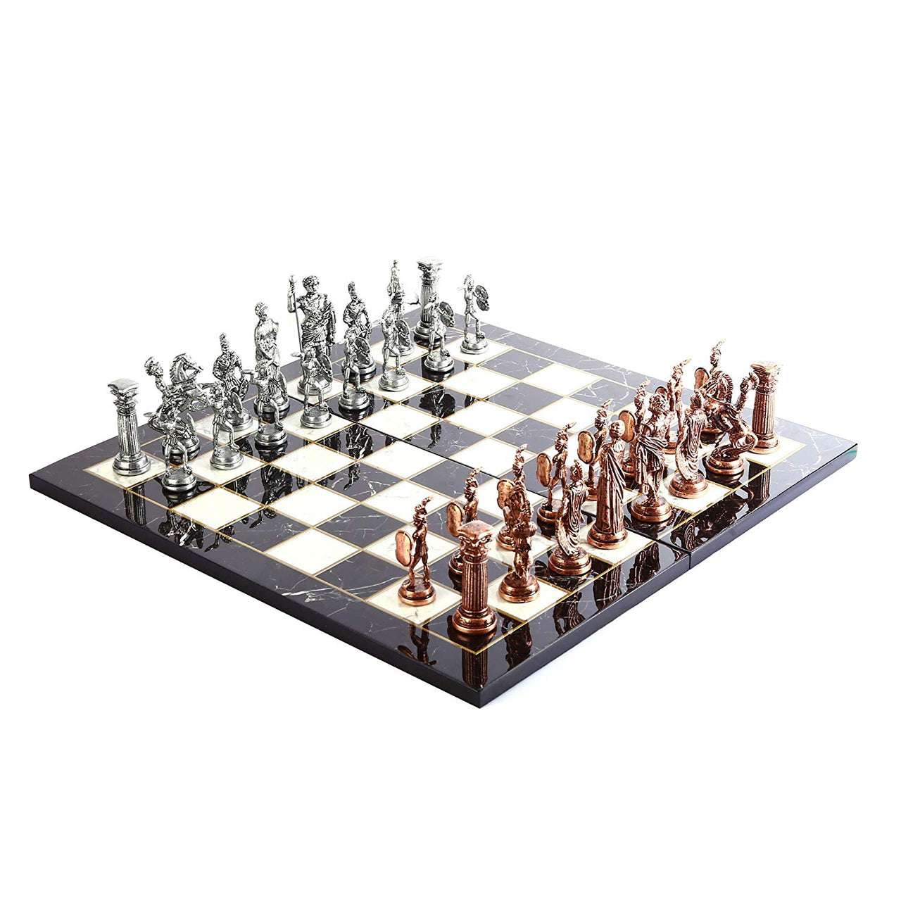 Copper Rome Figures Metal Chess Set with Marble Design Wood Chess Board Sculptures and Statues