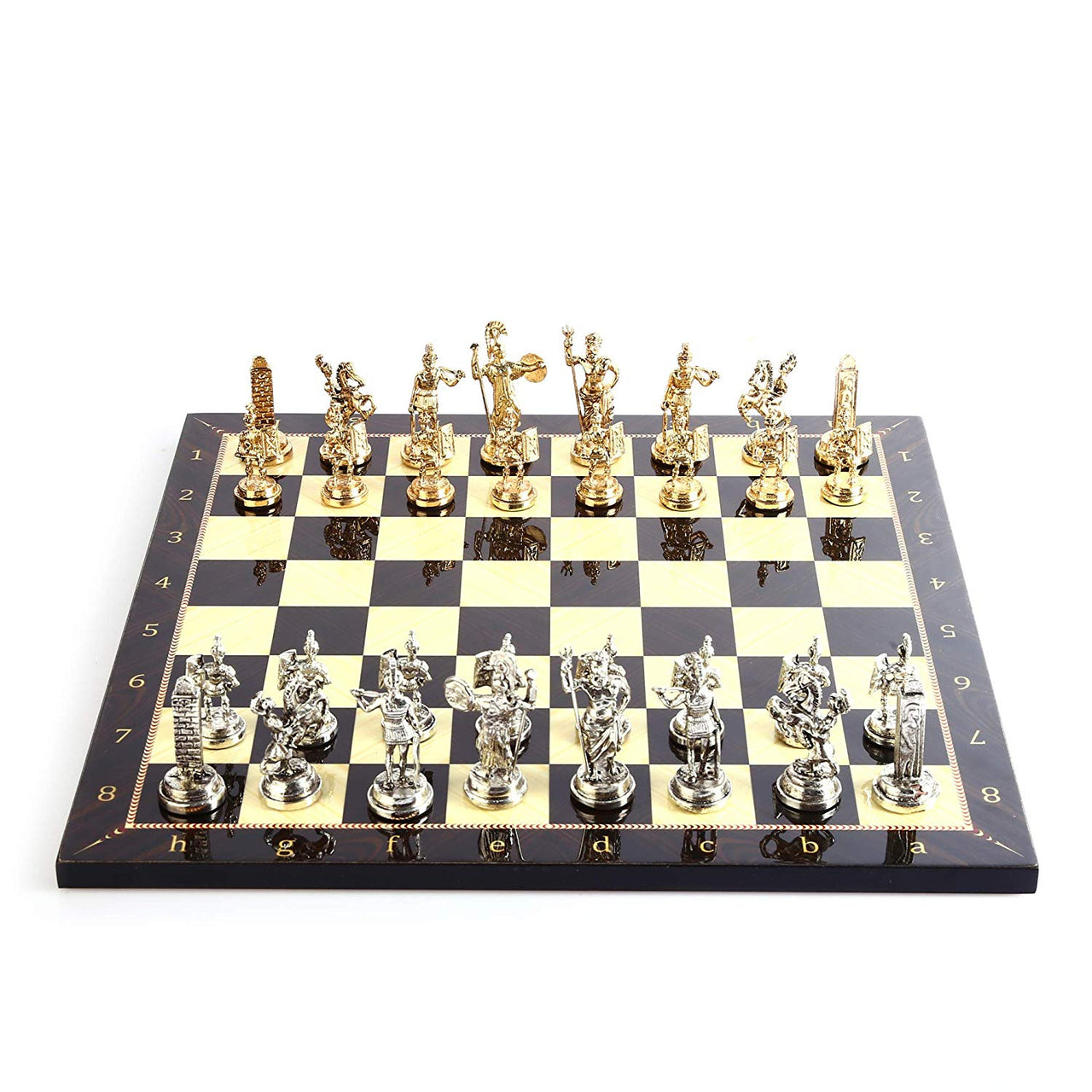 Rome Figures Metal Chess Set with Walnut Patterned Wood Chess Board Sculptures and Statues