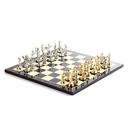 Rome Figures Metal Chess Set with Walnut Patterned Wood Chess Board Sculptures and Statues