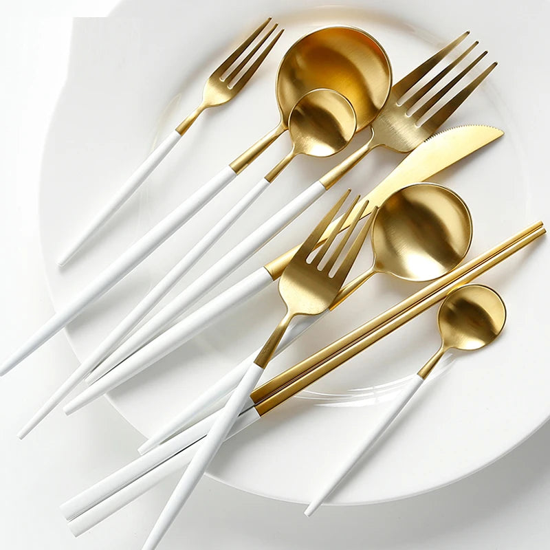 Luxury White Gold European Stainless Steel Cutlery Set Dinnerware 24pcs/set