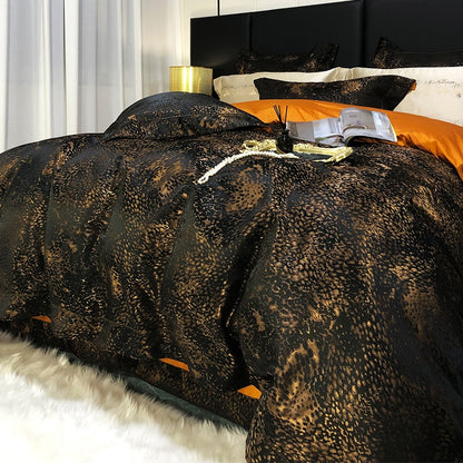 Luxury Black Gold Marble Jacquard Leopard Print Patchwork Duvet Cover, Egyptian Cotton 1000TC Bedding Set