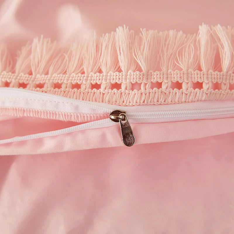Pink White Korean Princess 1000TC Egyptian Cotton Handwork Flowers Embroidery Duvet Cover Bedding Set