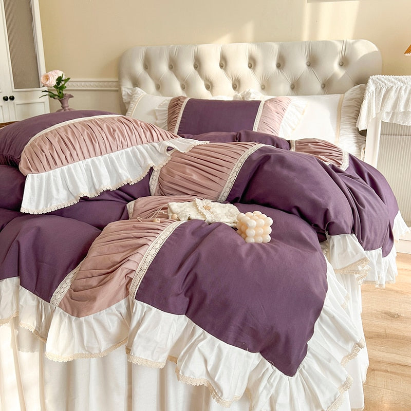 White Purple Princess Pleated Ruffles Bed Skirt Duvet Cover Set, 100% Cotton Bedding Set