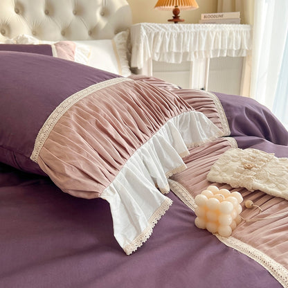 White Purple Princess Pleated Ruffles Bed Skirt Duvet Cover Set, 100% Cotton Bedding Set