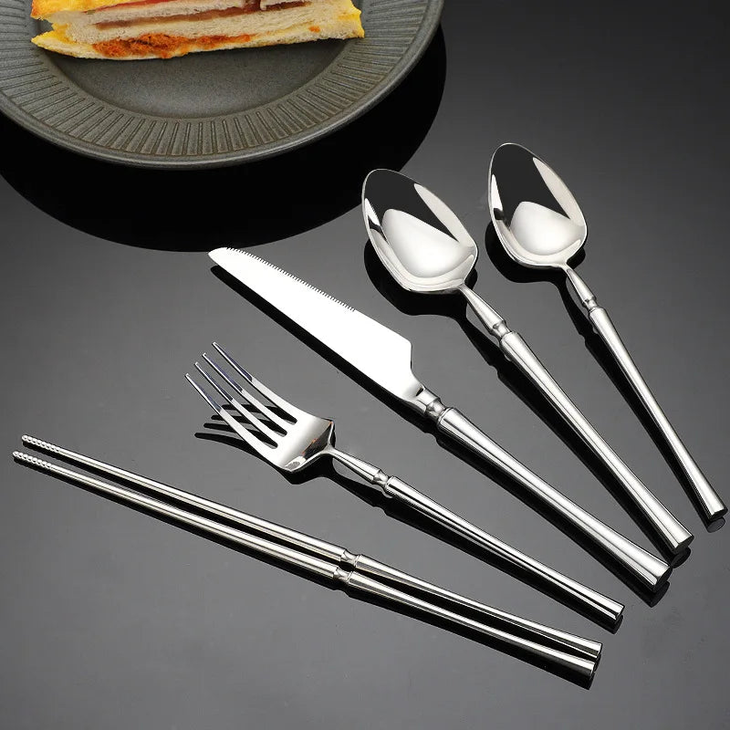 Korean Stainless Steel Thick Round Handle Cutlery Set Dinnerware