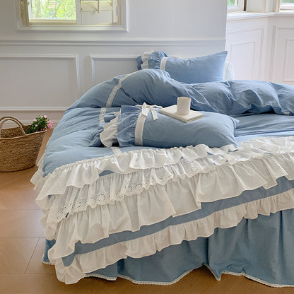 White Blue Korean Style Ruffles Vintage Bed Skirt Duvet Cover Set, 100% Cotton Bedding Set