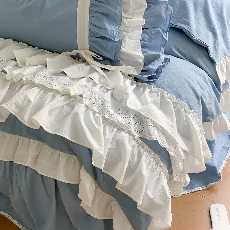 White Blue Korean Style Ruffles Vintage Bed Skirt Duvet Cover Set, 100% Cotton Bedding Set