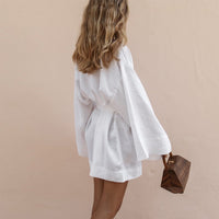 Thumbnail for Green White V Neck Kimono Robes Cardigan Cotton Linen Long Sleeve Sleepwear