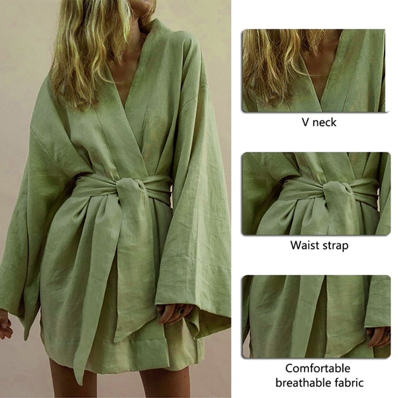 Green White V Neck Kimono Robes Cardigan Cotton Linen Long Sleeve Sleepwear