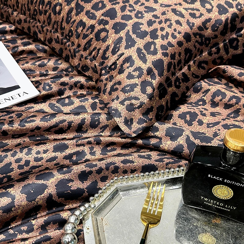 Brown Leopard Luxury Satin Silky Solid Color Duvet Cover Bedding Set