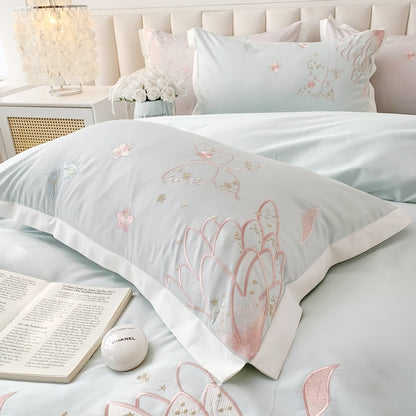 Pink Green Beauty Butterfly Feather Embroidery Duvet Cover, Egyptian Cotton 1200TC Bedding Set