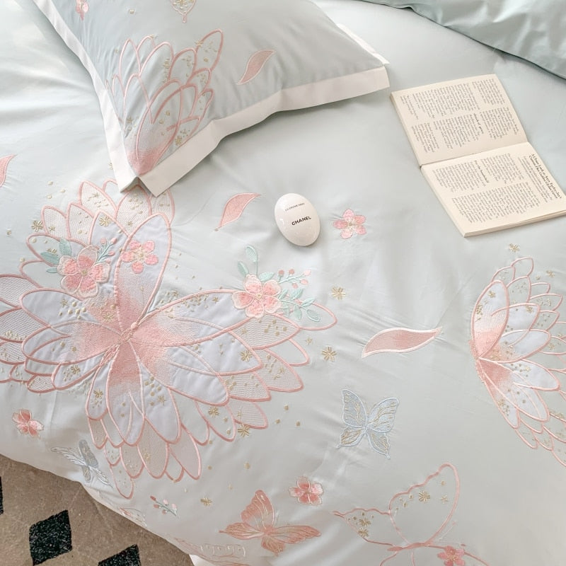 Pink Green Beauty Butterfly Feather Embroidery Duvet Cover, Egyptian Cotton 1200TC Bedding Set