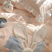 Thumbnail for Pink Big Ear Rabbit Embroidered Girls Duvet Cover, Washed Cotton Bedding Set