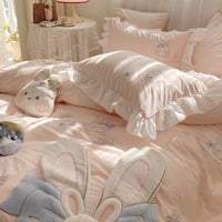 Thumbnail for Pink Big Ear Rabbit Embroidered Girls Duvet Cover, Washed Cotton Bedding Set