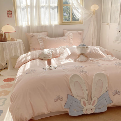 Pink Big Ear Rabbit Embroidered Girls Duvet Cover, Washed Cotton Bedding Set