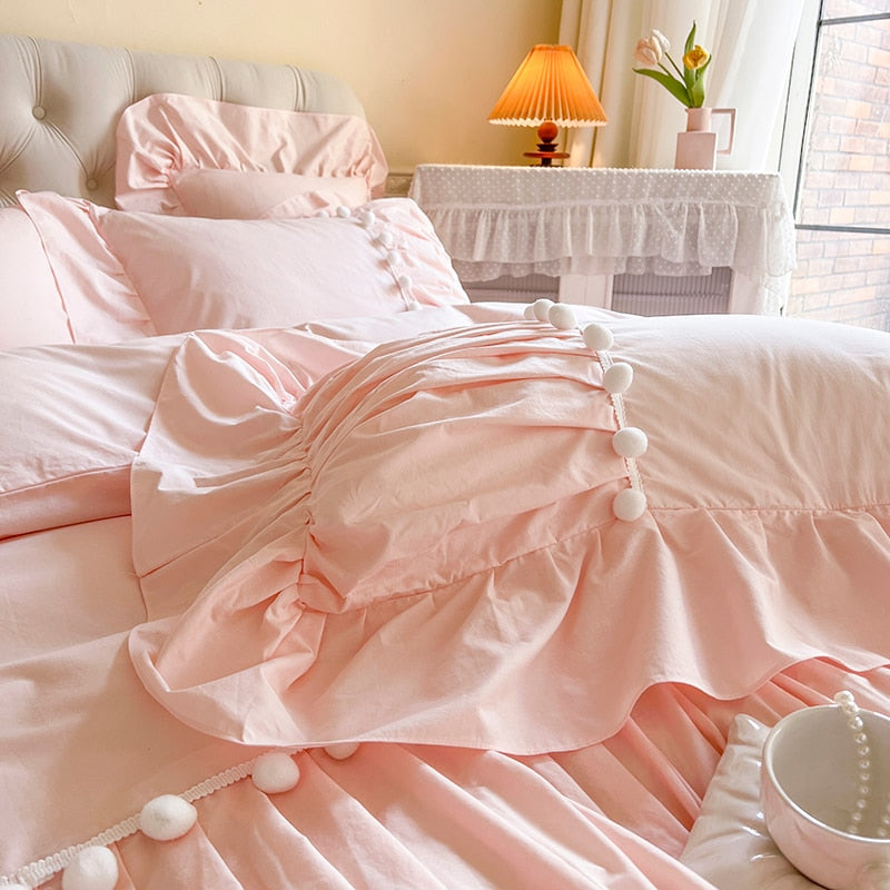 White Pink Princess Wedding Ruffles Girls Duvet Cover Set, Washed Cotton Bedding Set