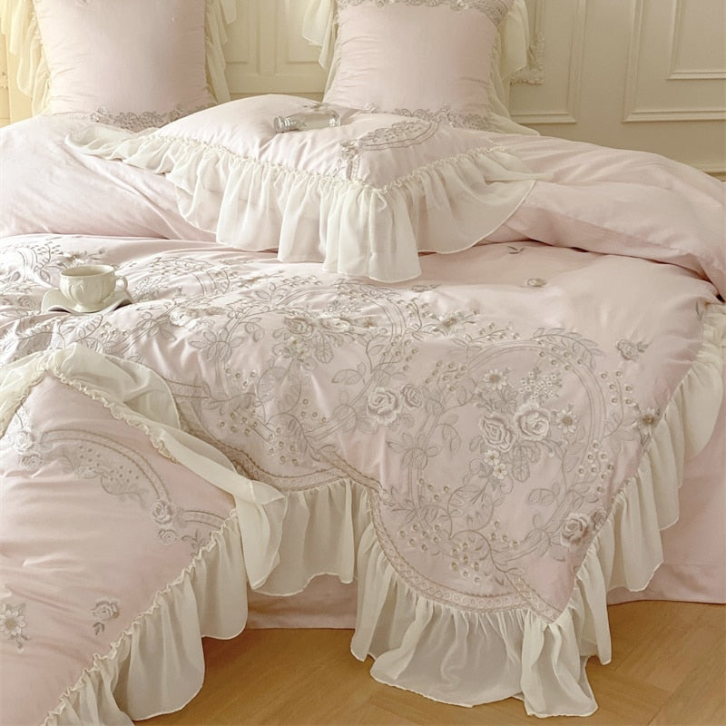 Luxury Rose Light Pink Embroidered Wedding Lace Ruffles Duvet Cover, 1400TC Egyptian Cotton Bedding Set