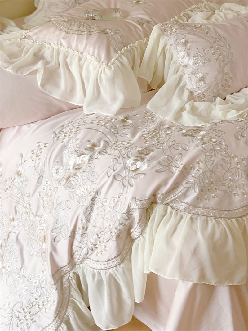 Luxury Rose Light Pink Embroidered Wedding Lace Ruffles Duvet Cover, 1400TC Egyptian Cotton Bedding Set