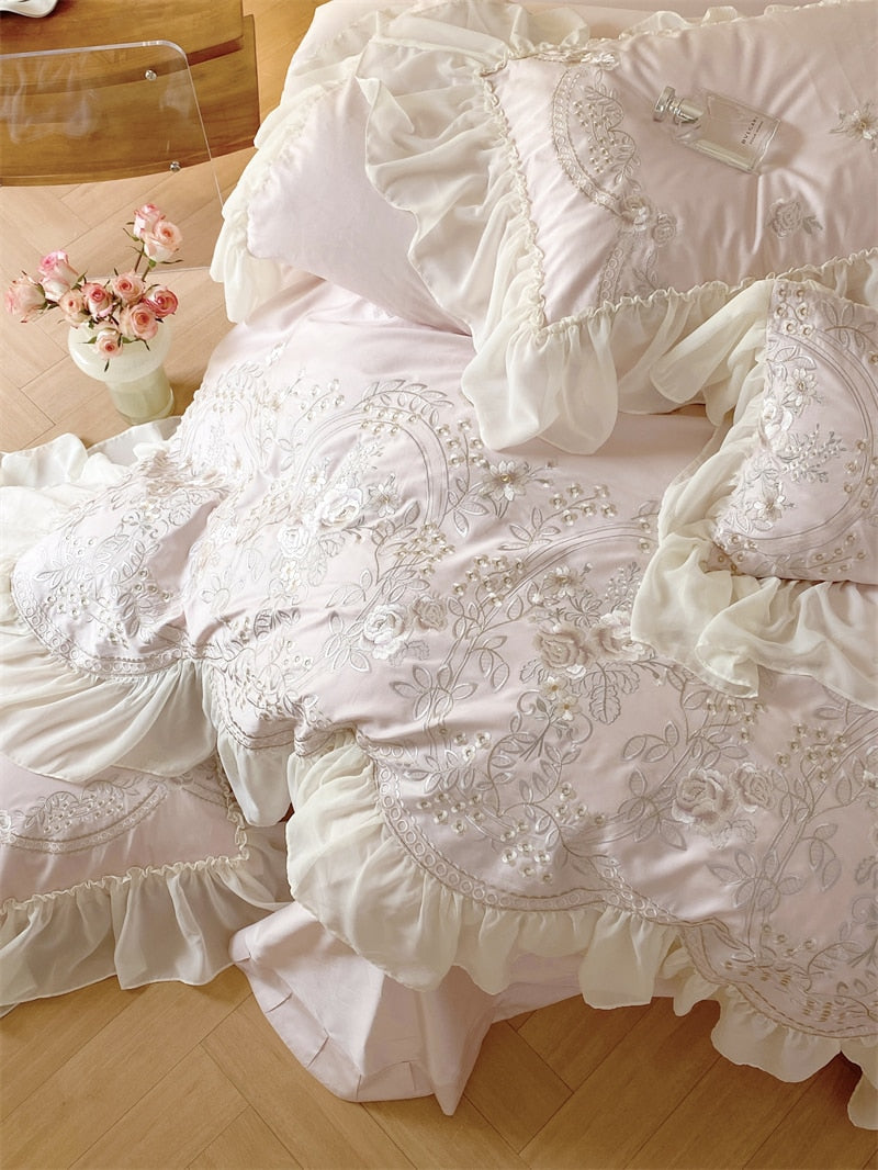 Luxury Rose Light Pink Embroidered Wedding Lace Ruffles Duvet Cover, 1400TC Egyptian Cotton Bedding Set