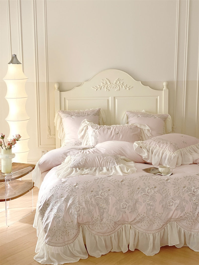 Luxury Rose Light Pink Embroidered Wedding Lace Ruffles Duvet Cover, 1400TC Egyptian Cotton Bedding Set