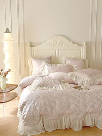 Thumbnail for Luxury Rose Light Pink Embroidered Wedding Lace Ruffles Duvet Cover, 1400TC Egyptian Cotton Bedding Set