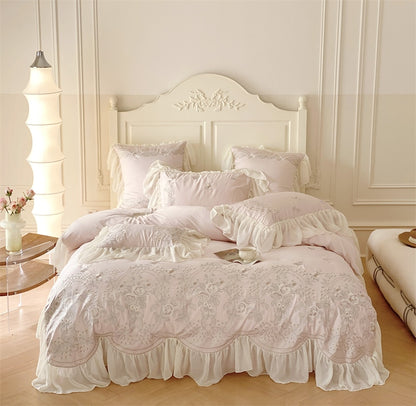 Luxury Rose Light Pink Embroidered Wedding Lace Ruffles Duvet Cover, 1400TC Egyptian Cotton Bedding Set