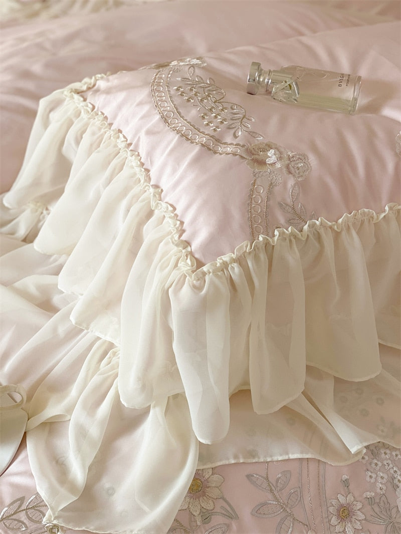 Luxury Rose Light Pink Embroidered Wedding Lace Ruffles Duvet Cover, 1400TC Egyptian Cotton Bedding Set