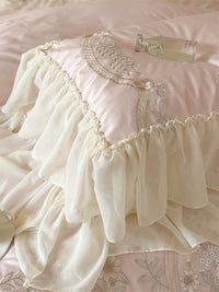 Thumbnail for Luxury Rose Light Pink Embroidered Wedding Lace Ruffles Duvet Cover, 1400TC Egyptian Cotton Bedding Set