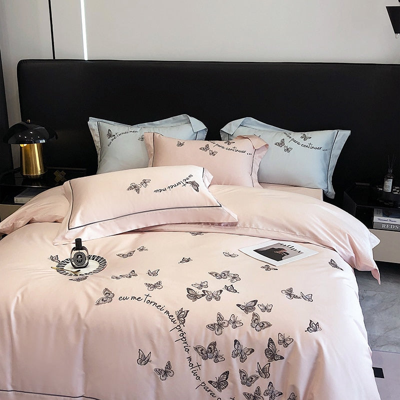 Luxury Pink Butterfly Garden Embroidered Duvet Cover Set, 1000TC Egyptian Cotton Bedding Set