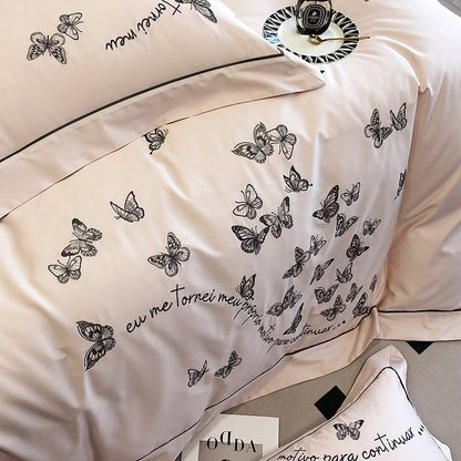 Luxury Pink Butterfly Garden Embroidered Duvet Cover Set, 1000TC Egyptian Cotton Bedding Set
