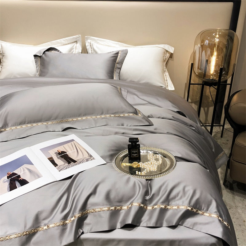 Luxury Grey Gold Green American Style Duvet Cover Set, 1000TC Egyptian Cotton Bedding Set