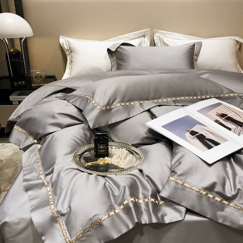 Luxury Grey Gold Green American Style Duvet Cover Set, 1000TC Egyptian Cotton Bedding Set