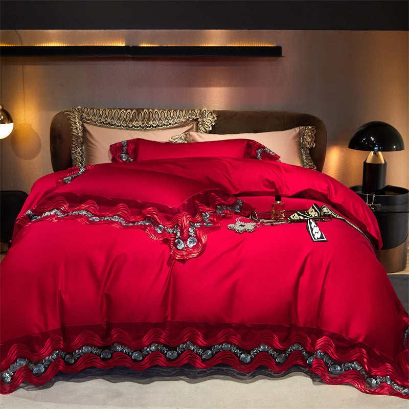 Red Silver Rose Flower Luxury Chic Lace Europe Wedding Duvet Cover Set, 1000TC Egyptian Cotton Bedding Set
