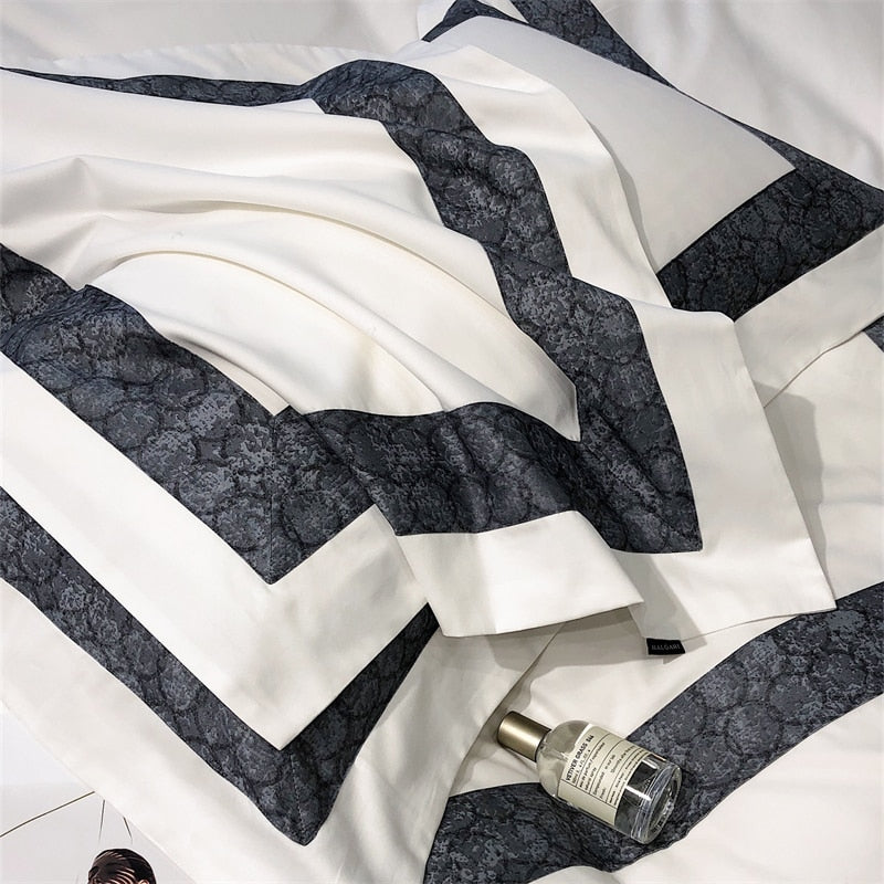Luxury White Grey Embroidery Winter Autumn Brushed Duvet Cover, 1000TC Egyptian Cotton Bedding Set