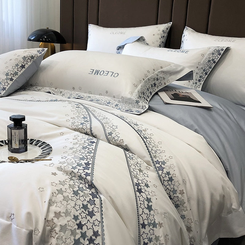 Luxury White Stars Striped Collection Embroidered Duvet Cover Set, 1000TC Egyptian Cotton Bedding Set