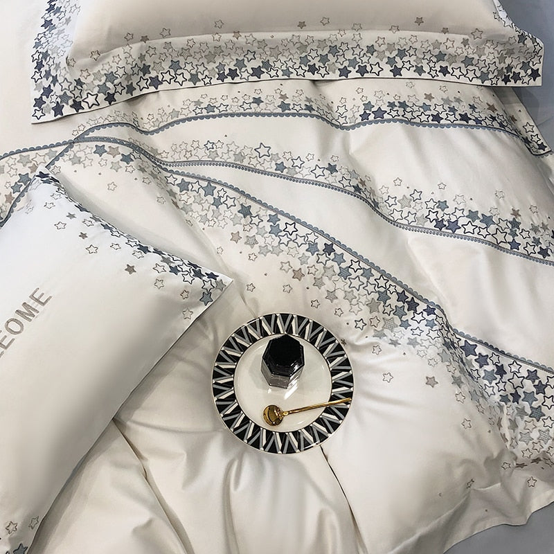 Luxury White Stars Striped Collection Embroidered Duvet Cover Set, 1000TC Egyptian Cotton Bedding Set