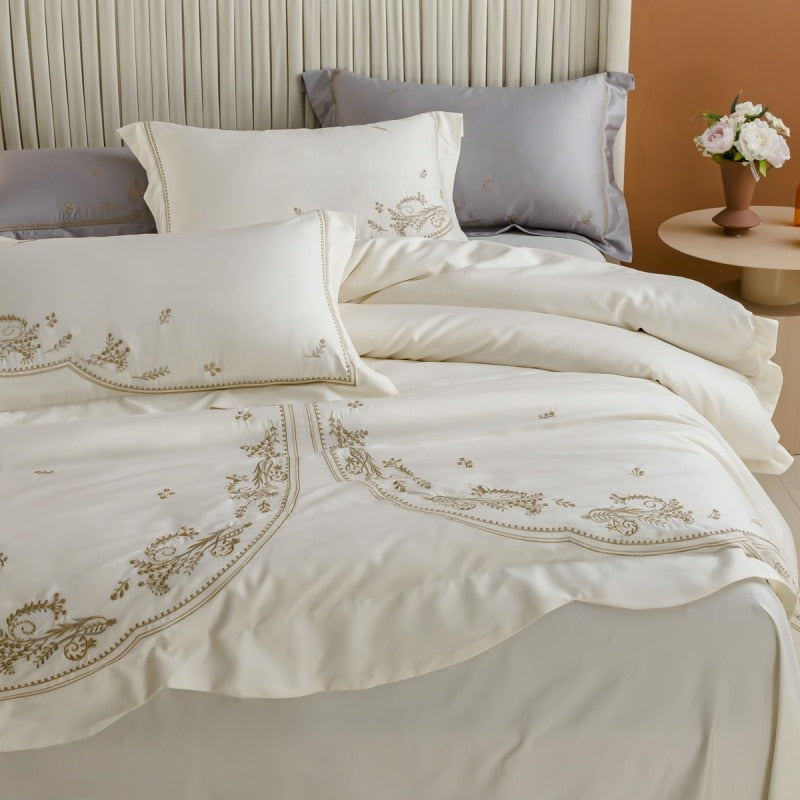 Luxury White Gold Wedding Embroidered Soft Quilt Duvet Cover Set, 1400TC Egyptian Cotton Bedding Set