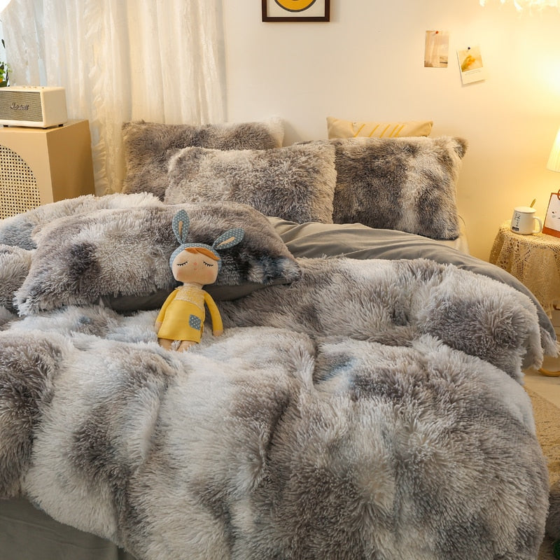 Luxury Rainbow Sweet Super Shaggy Soft Coral Fleece Warm Duvet Cover Bedding Set