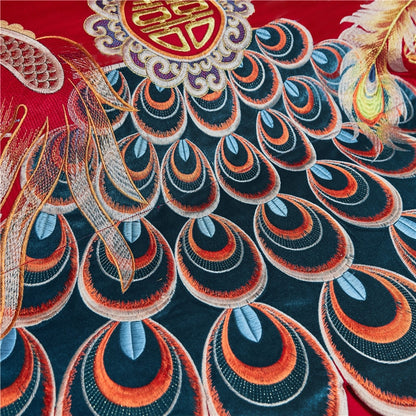 Luxury Gold Red Dragon Phoenix Jacquard Wedding Tassel Duvet Cover Set, 1000TC Egyptian Cotton Bedding Set