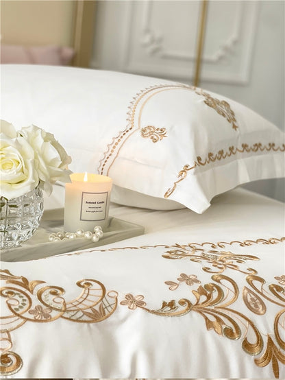 Luxury White Gold Embroidery Family Duvet Cover, 100% Cotton Bedding Set
